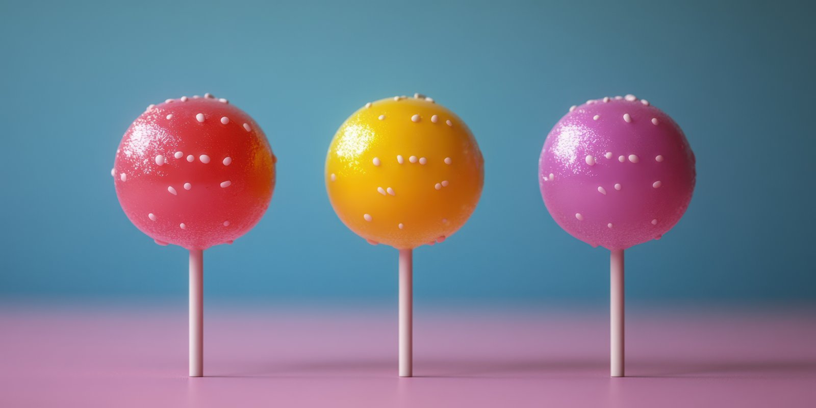Colorful lollipops arranged in a row against a pastel background, showcasing fun and sweetness
